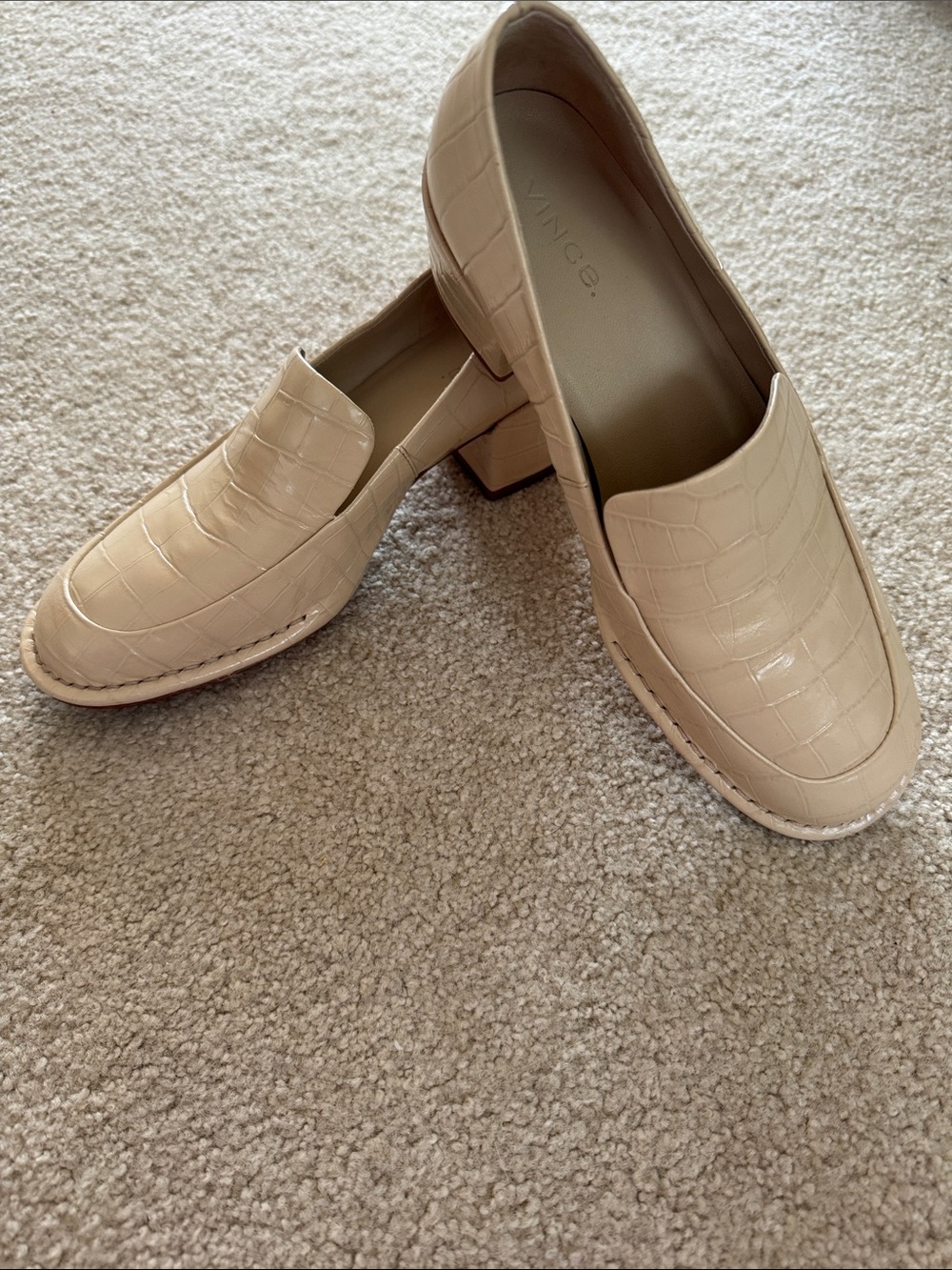 Vince Cream Croc-Embossed Leather Block Heel Loafers